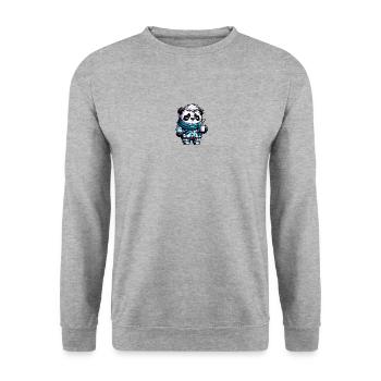 Panda in Pyjama und Schal mit einer Tasse Kaffee - Unisex Pullover - Weißgrau meliert - Vorne - Alina (178cm) & Michal (187cm)