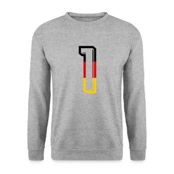Nummer 1 Deutschland Trikot Zahl 1 Jahr - Unisex Pullover - Weißgrau meliert - Vorne - Alina (178cm) & Michal (187cm)
