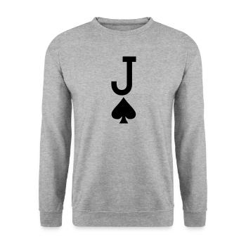 Poker Spielkarte - Pik Bube / Joker - Unisex Pullover - Weißgrau meliert - Vorne - Alina (178cm) & Michal (187cm)