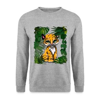 Tigerbaby | Yolo-Artwork - Unisex Pullover - Weißgrau meliert - Vorne - Alina (178cm) & Michal (187cm)