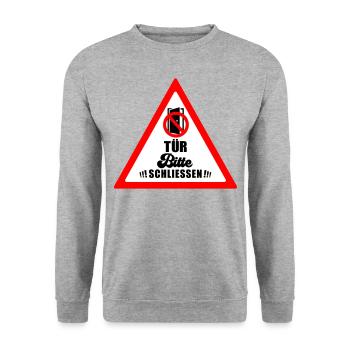 Tür schließen bitte | Farbe änderbar - Unisex Pullover - Weißgrau meliert - Vorne - Alina (178cm) & Michal (187cm)