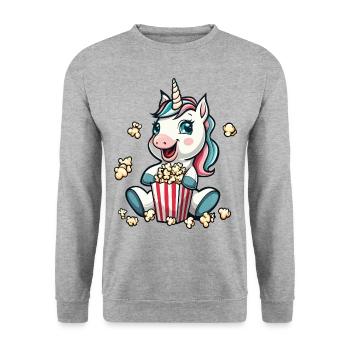Aufgeregtes Einhorn mit Popcorneimer - Unisex Pullover - Weißgrau meliert - Vorne - Alina (178cm) & Michal (187cm)