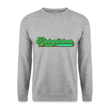 Farben änderbar | Kleingärtner im Einsatz - Unisex Pullover - Weißgrau meliert - Vorne - Alina (178cm) & Michal (187cm)