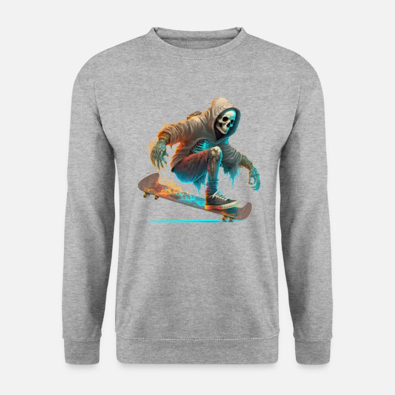 Ein Skelett mit Hoodie das Skateboard fährt - Unisex Pullover - Weißgrau meliert