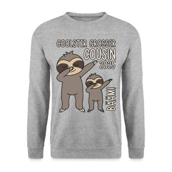 Dabbing Faultier Bääm! Coolster Großer Cousin 2025 - Unisex Pullover - Weißgrau meliert - Vorne - Alina (178cm) & Michal (187cm)