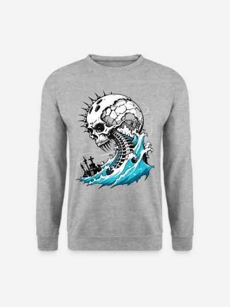 Tsunami Skull // Totenkopf Wasserwelle FS0067 - Unisex Pullover - Weißgrau meliert
