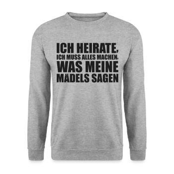 Junggesellenabschied Braut Polterabend Geschenk - Unisex Pullover - Weißgrau meliert - Vorne - Alina (178cm) & Michal (187cm)