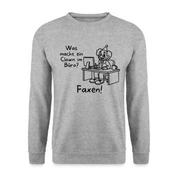 Was macht ein Clown im Büro? Faxen! - Unisex Pullover - Weißgrau meliert - Vorne - Alina (178cm) & Michal (187cm)