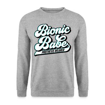 Bionic Babe | Prothese | Farben änderbar - Unisex Pullover - Weißgrau meliert - Vorne - Alina (178cm) & Michal (187cm)