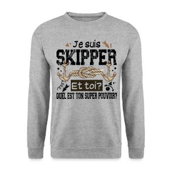 Skipper Super Pouvoir Mer Marin Capitaine Bateau - Sweat-shirt Unisexe - gris chiné - Devant - Alina (178cm) & Michal (187cm)