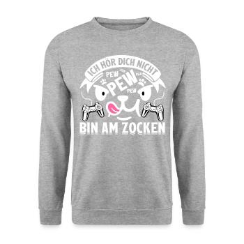 Ich hör dich nicht - pew - bin am zocken - Unisex Pullover - Weißgrau meliert - Vorne - Alina (178cm) & Michal (187cm)