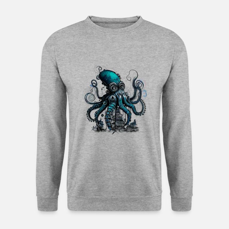 Steampunk Riesenkraken über kleinem Dorf - Unisex Pullover - Weißgrau meliert