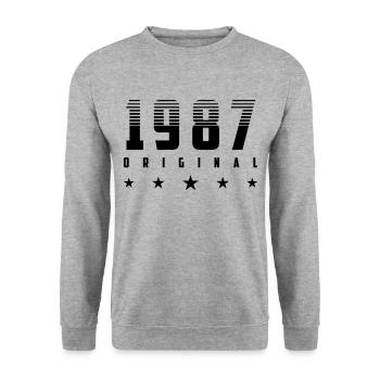 Original 1987 Geburtsjahr | Farbe änderbar | - Unisex Pullover - Weißgrau meliert - Vorne - Alina (178cm) & Michal (187cm)