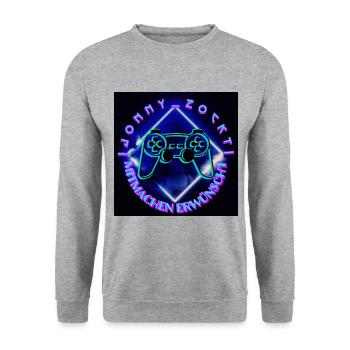 Jonny Zockt Mitmachen erwünscht LOGO 2023 - Unisex Pullover - Weißgrau meliert - Vorne - Alina (178cm) & Michal (187cm)