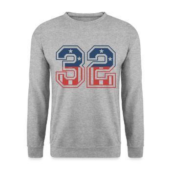 Nummer 32 USA - Unisex Pullover - Weißgrau meliert - Vorne - Alina (178cm) & Michal (187cm)