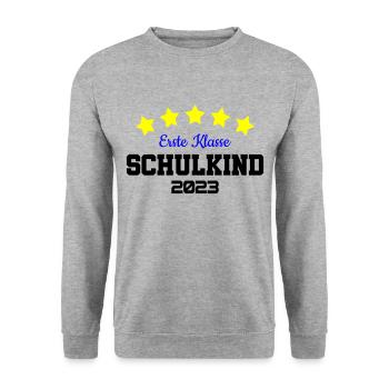 Farben änderbar | Erste Klasse Schulkind 2023 - Unisex Pullover - Weißgrau meliert - Vorne - Alina (178cm) & Michal (187cm)