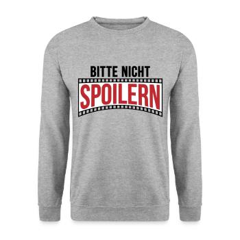 Farben änderbar | Bitte nicht Spoilern - Unisex Pullover - Weißgrau meliert - Vorne - Alina (178cm) & Michal (187cm)