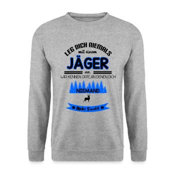 Leg dich niemals mit einem Jäger an … Lustig - Unisex Pullover - Weißgrau meliert - Vorne - Alina (178cm) & Michal (187cm)