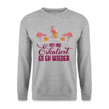 Spruch mit uns es eskaliert es eh wieder Flamingo - Unisex Pullover - Weißgrau meliert - Vorne - Alina (178cm) & Michal (187cm)