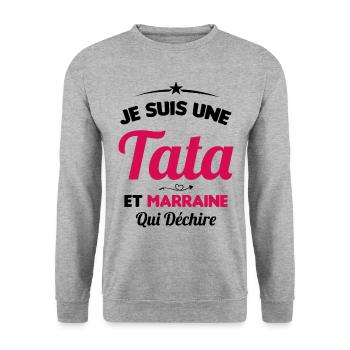 Je Suis Une Tata et Marraine Qui Déchire - Sweat-shirt Unisexe - gris chiné - Devant - Alina (178cm) & Michal (187cm)