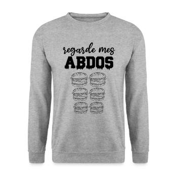 Regarde mes abdos burger cadeau bouffe - Sweat-shirt Unisexe - gris chiné - Devant - Alina (178cm) & Michal (187cm)