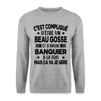 C'est compliqué d'être Bogosse et Banquier Cadeau - Sweat-shirt Unisexe - gris chiné - Devant - Alina (178cm) & Michal (187cm)