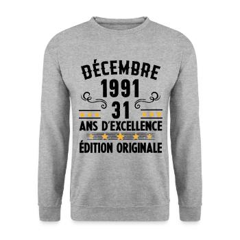 31 Ans Anniversaire Vintage Né(e) en Décembre 1991 - Sweat-shirt Unisexe - gris chiné - Devant - Alina (178cm) & Michal (187cm)