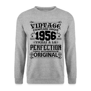 1956 Vintage Anniversaire 1956 original birthday - Sweat-shirt Unisexe - gris chiné - Devant - Alina (178cm) & Michal (187cm)