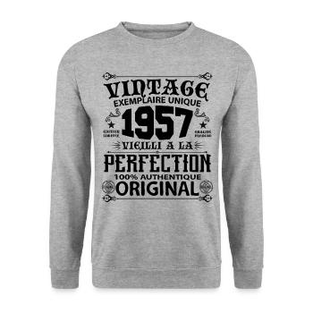 1957 Vintage Anniversaire 1957 original birthday - Sweat-shirt Unisexe - gris chiné - Devant - Alina (178cm) & Michal (187cm)