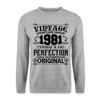 1981 Vintage Anniversaire 1981 original birthday - Sweat-shirt Unisexe - gris chiné - Devant - Alina (178cm) & Michal (187cm)