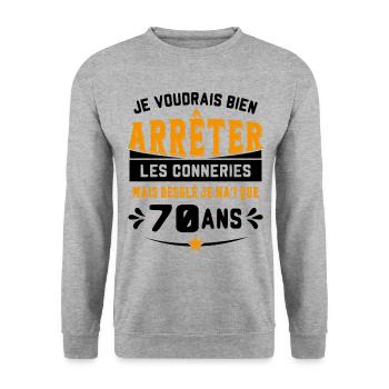 Je Voudrais Bien 70 Ans Humour Cadeau - Sweat-shirt Unisexe - gris chiné - Devant - Alina (178cm) & Michal (187cm)