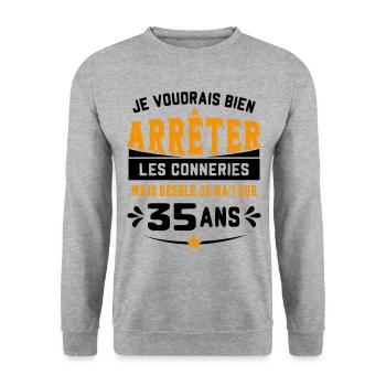 Je Voudrais Bien 35 Ans Humour Cadeau - Sweat-shirt Unisexe - gris chiné - Devant - Alina (178cm) & Michal (187cm)