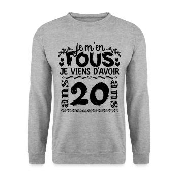J’ai 20 ans | Je m'en fous j'ai 20 ans - Sweat-shirt Unisexe - gris chiné - Devant - Alina (178cm) & Michal (187cm)