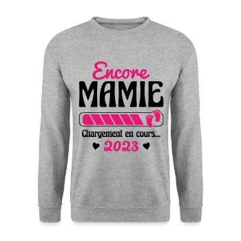 Encore Mamie En 2023 Cadeau Future Grand-mère - Sweat-shirt Unisexe - gris chiné - Devant - Alina (178cm) & Michal (187cm)