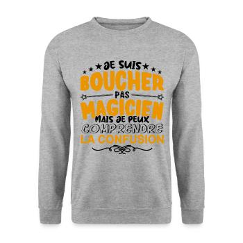 Boucher pas Magicien | le Meilleur Boucher cadeau - Sweat-shirt Unisexe - gris chiné - Devant - Alina (178cm) & Michal (187cm)