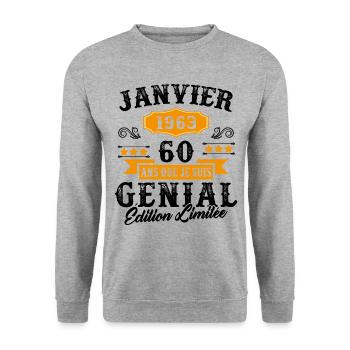 60 Ans Anniversaire Vintage Né(e) en Janvier 1963 - Sweat-shirt Unisexe - gris chiné - Devant - Alina (178cm) & Michal (187cm)
