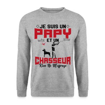 Papy et Chasseur Humour Cadeau - Sweat-shirt Unisexe - gris chiné - Devant - Alina (178cm) & Michal (187cm)