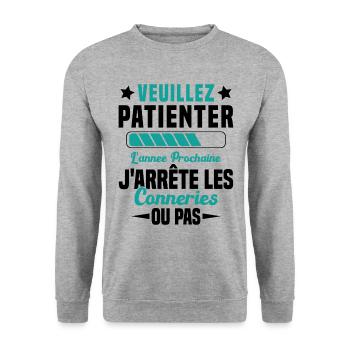 J'arrête les conneries humour - Sweat-shirt Unisexe - gris chiné - Devant - Alina (178cm) & Michal (187cm)