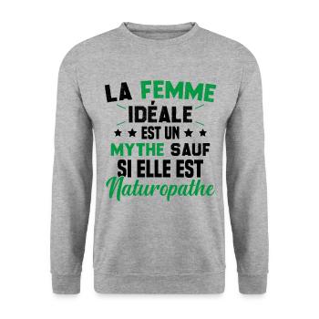 La femme idéale est un mythe sauf naturopathe - Sweat-shirt Unisexe - gris chiné - Devant - Alina (178cm) & Michal (187cm)