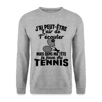 Dans matête je joue au Tennis Cadeau Humour Tennis - Sweat-shirt Unisexe - gris chiné - Devant - Alina (178cm) & Michal (187cm)