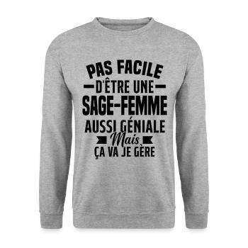 sage-femme et géniale mais ça va je gère - Sweat-shirt Unisexe - gris chiné - Devant - Alina (178cm) & Michal (187cm)