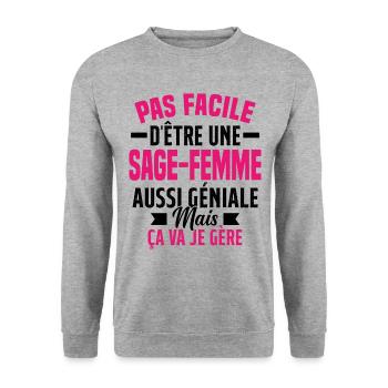 sage-femme et géniale mais ça va je gère - Sweat-shirt Unisexe - gris chiné - Devant - Alina (178cm) & Michal (187cm)