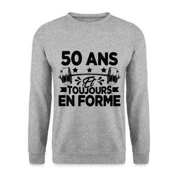 50 Ans et Toujours En Forme Gym Sport Muscu Cadeau - Sweat-shirt Unisexe - gris chiné - Devant - Alina (178cm) & Michal (187cm)