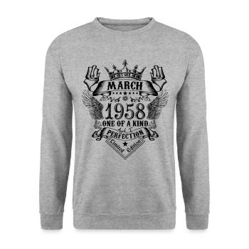 Geburtstag März 1958 geboren im März 1958 - Unisex Pullover - Weißgrau meliert - Vorne - Alina (178cm) & Michal (187cm)