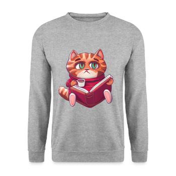 Katze Lesen Bücher Buch - Unisex Pullover - Weißgrau meliert - Vorne - Alina (178cm) & Michal (187cm)