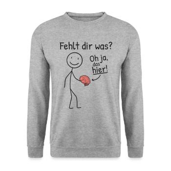 Hirn Fehlt Gehirn Sarkasmus Ironie Sprüche - Unisex Pullover - Weißgrau meliert - Vorne - Alina (178cm) & Michal (187cm)
