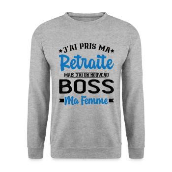 Nouveau Boss Ma Femme Humour Cadeau Retraite - Sweat-shirt Unisexe - gris chiné - Devant - Alina (178cm) & Michal (187cm)