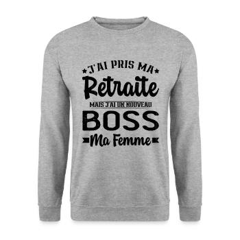 Nouveau Boss Ma Femme Humour Cadeau Retraite - Sweat-shirt Unisexe - gris chiné - Devant - Alina (178cm) & Michal (187cm)