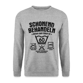 SCHONEND BEHANDELN 60 JAHRE ALT 60. GEBURTSTAG - Unisex Pullover - Weißgrau meliert - Vorne - Alina (178cm) & Michal (187cm)
