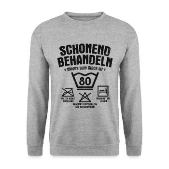 SCHONEND BEHANDELN 80 JAHRE ALT 80. GEBURTSTAG - Unisex Pullover - Weißgrau meliert - Vorne - Alina (178cm) & Michal (187cm)
